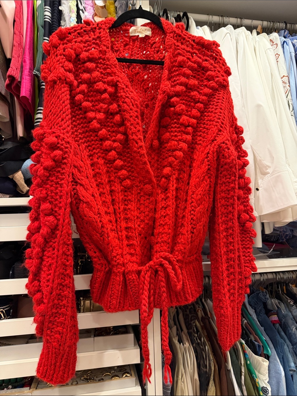 Listicle Red Pom-Pom Chunky Knit Cardigan